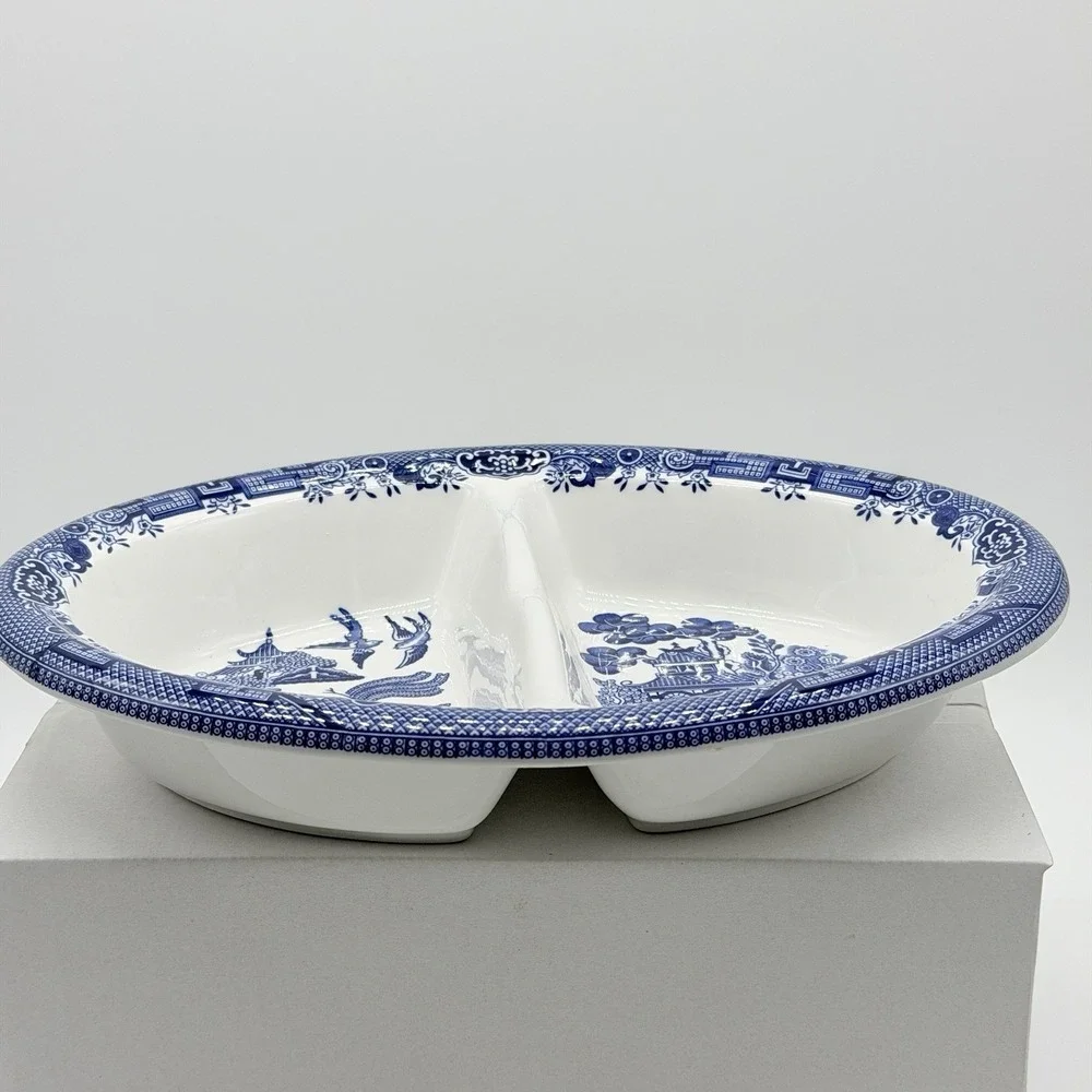Vtg Churchill of England Blue Willow Divided‎ Oval Vegetable Serving Dish Bowl